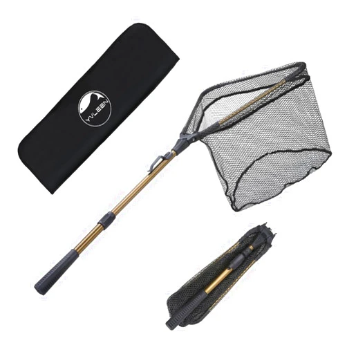 YVLEEN Folding Fishing Net - Foldable Fish Landing Net Robust Aluminum Telescopic Pole Handle and Nylon Mesh 16inch Hoop Size