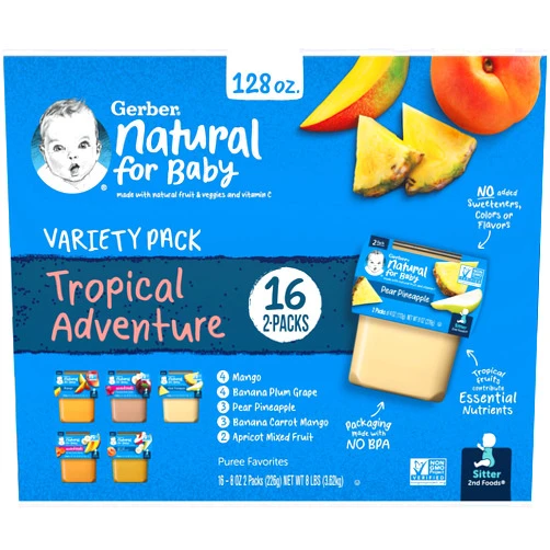 Gerber 2nd Foods Natural for Baby Tropical Adventure Baby Food, Variety Pack, 4 oz Tubs (32 Pack)