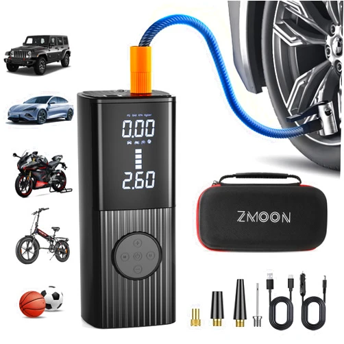 ZMOON Portable Tire Inflator Air Compressor, 4X Faster Inflation 150PSI Cordless Air Pump for Car Tires with 9000mAh Battery, Live Pressure Gauge, Fit for Cars, Motorcycles, Bikes, Balls