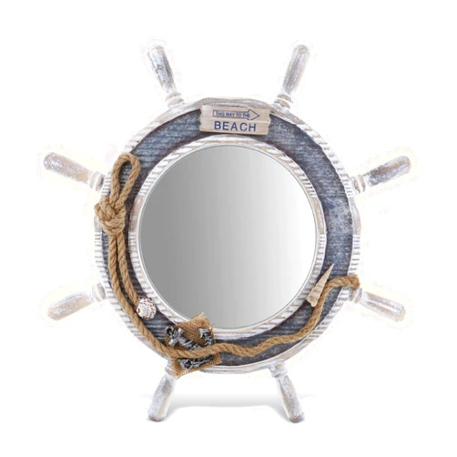CoTa Global Silver Sea Beach Wall Decor Nautical Ship Wheel Mirror - Handcrafted Wooden Ship Wheel Mirror with Hanger, Nautical Themed Home Decor, Decorative Ornament