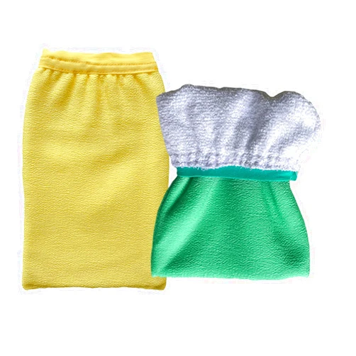 ASWANKA Korean Exfoliating Mitts (2pcs), Plant Based Exfoliating Gloves for Body Visibly Lift Away Dead Skin, 2 Layers Painless Remove Tan Spray, Keratosis Pilaris, Natural Material, Green&Yellow