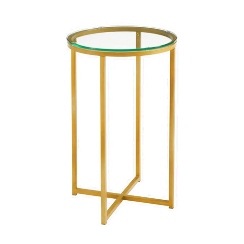 Walker Edison Cora Modern Glass Top Round Accent Table with X Base, 16 Inch, Glass and Gold