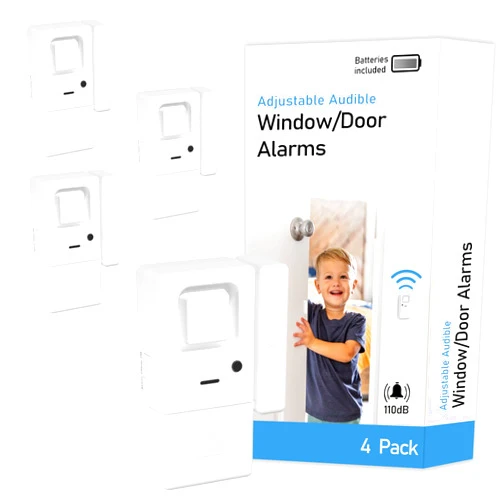 ROSMILA Door Window Alarms - 4 Pack - Adjustable Volume, Chime/Alarm, Wireless, Door Window Alarm Sensor for Home Security, Kids Safety, Door Open Alert Security Alarm for Home, Apartment and more, by Rosmila