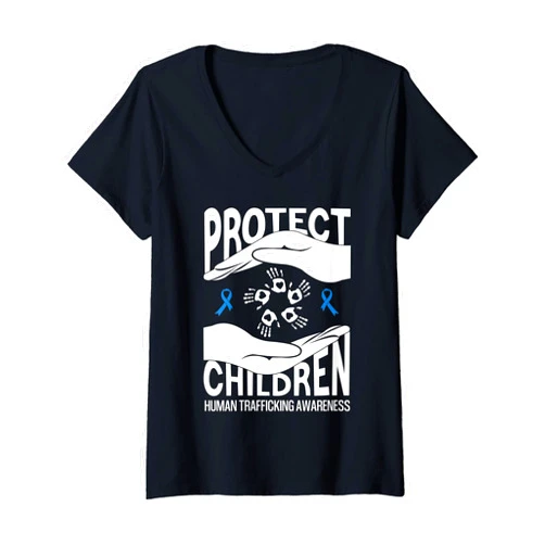 Protect children human trafficking Awareness Womens human trafficking Awareness protect children blue ribbon V-Neck T-Shirt