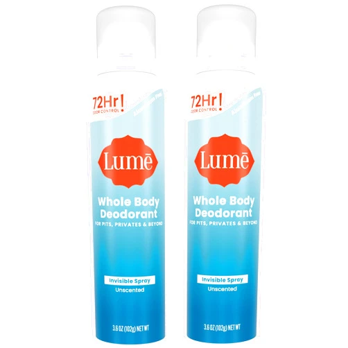 Lume Invisible Spray Deodorant For Women - Whole Body Deodorant Spray - 72 Hr Odor Control - Ozone Friendly, Natural Propellant - Aluminum & Baking Soda Free, Skin Loving - 2 pack (Unscented)