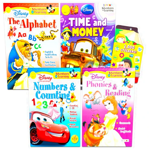 Disney Princess Workbooks Super Set Kindergarten First Grade - Bundle of 4 Workbooks with Reward Stickers Alphabet, Reading, Time, Money, Phonics, and More