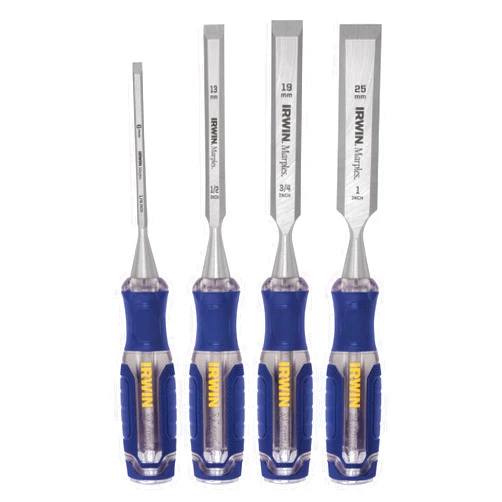 IRWIN Chisel Set, Woodworking, 4-Pack, Extra-Long Strike Cap, Strong & Durable Steel Core (IRHT82507)