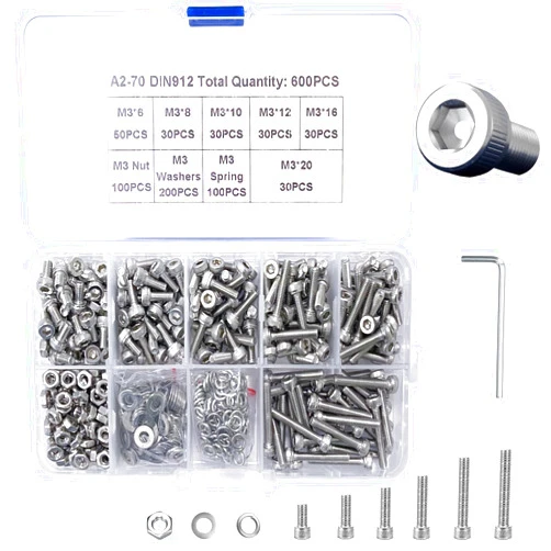 MAJOYLIFE 600 Pcs M3 Nut and Bolt Set,Bolt Assortment Kit(Length:6/8/10/12/16/20mm),M3 Internal Hex Screws+Nuts+Flat Washers+Spring Washers