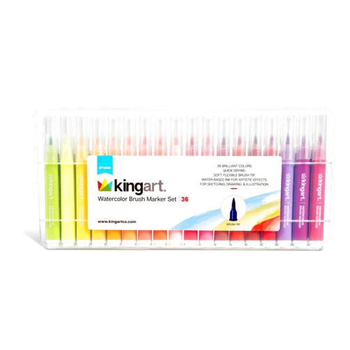 KINGART 405-36 Brush Tip Watercolor Illustration Markers with Case, 36 Colors, Wide Barrel for Easy Hold, Water-based Non-Toxic Ink, Soft Flexible Tip for Graphic, Sketch, Comic Art, Manga & Lettering