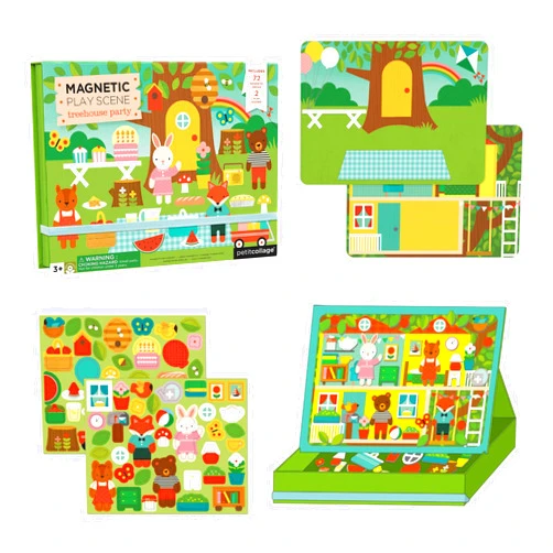 Petit Collage: Animal Friends Magnetic Game Board with Mix & Match, Ideal for Ages 3+, Includes Mag Play Scene Treehouse Party, 74 Count