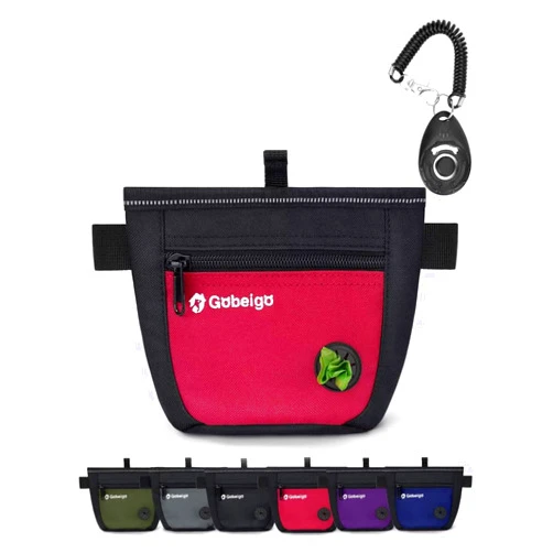 Gobeigo Dog Treat Pouch and Training Clicker, Upgrade Two Magnetic Closure to Prevent Spills, 2 Cup Treat Bag with Poop Bag Dispenser, Metal Clip Waist Belt Fanny Pack for Pet Walking(Black/Red)
