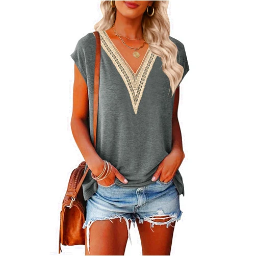 MEROKEETY Women's Boho Cap Sleeve Lace Trim V Neck Tops 2026 Summer Casual Loose Beach Vacation Tee Shirts Blouse