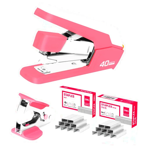 Deli Effortless Desktop Stapler, Heavy Duty Stapler, 40-50 Sheet Capacity, One Finger, No Effort, Includes Staples & Staple Remover, Rose