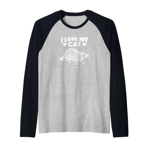 Funny Racoon and Kitty Cat Lovers Joke Apparel Funny Cat Lovers I Love My Cat with A Racoon Image Raglan Baseball Tee
