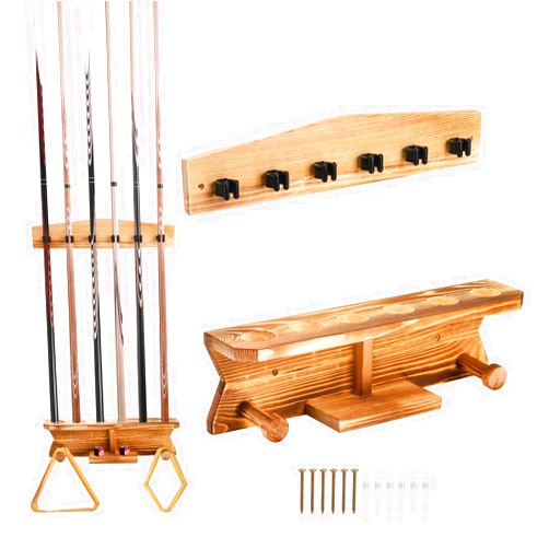Pumtus Wall Mount Pool Cue Stick Holder, Wood Billiard Cue Rack, Hold 6 Cues and 2 Triangle Racks, Sturdy Billiard Stick Wall Rack, Pool Table Accessories Organizer for Billiard Room, Game Room, Bar