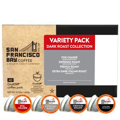 BEN & JANE San Francisco Bay Compostable Coffee Pods - Variety Pack Dark Roast (80 Ct) K Cup Compatible including Keurig 2.0, French Roast, Espresso, Fog Chaser, Extra Dark Italian