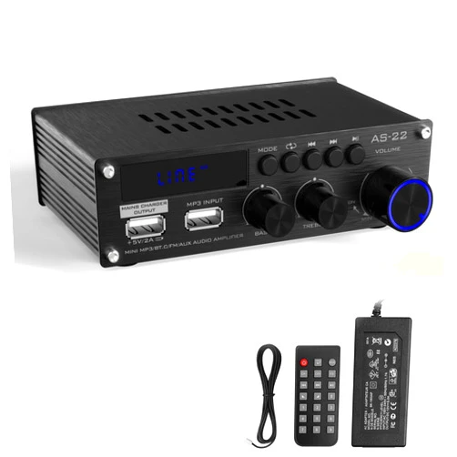 Sunbuck Mini Amplifier, 2 Channel Stereo Amplifier, Power Amplifier Max 300Wx2 Output, Bluetooth Amplifier for Home Speakers, Stereo Receiver with RCA/USB/FM/AUX, Mini Amplifier for Speakers, AS-22BU