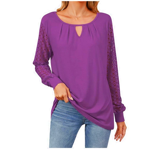 Uorcsa Business Casual Tops for Women Fall Trendy Lace Patchwork Long Sleeve Blouses Casual Pleated Keyhole Crew Neck Outfits