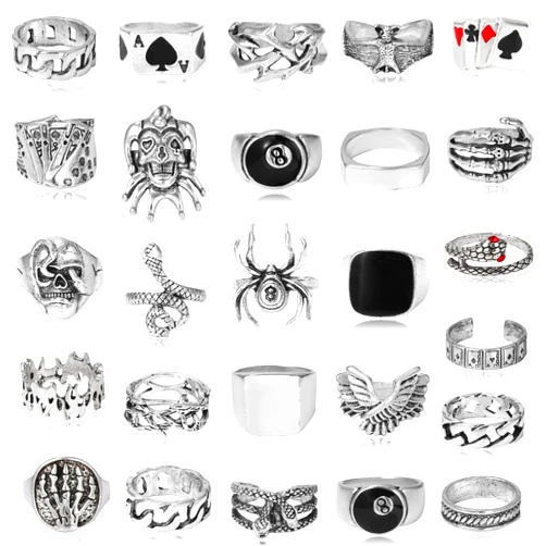 Acruccen 26 Pcs Vintage Silver Punk Rings Set for Men Cool Gothic Chunky Rings Statement Snake Wing Signet Ring Set