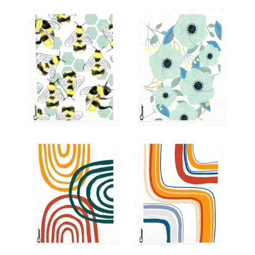 Gleener Super Eco Cloth | 4 Pack | Reusable Absorbent Kitchen Sponge Cloth |Dishwasher Safe |Plastic-Free and Plant Based Cellulose and Cotton | Rainbows & Bees