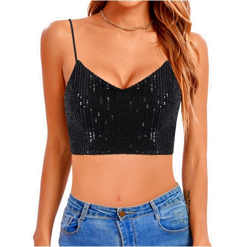 Elenint Womens V-Neck Sparkle Sequins Crop Tops Slim Fit Tube Top Bralettles Festival Outfits Rave Camis