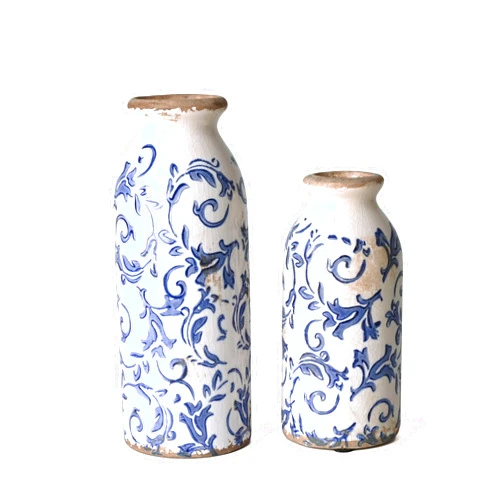 VICTOR & TERESA Blue and White Ceramic Vases Home Decor, Farmhouse Vases for Flowers, Flower Vase Set of 2, Rustic Decorative Vases for Pampas Grass, Table, Living Room, Shelf, Centerpieces, 8 inch