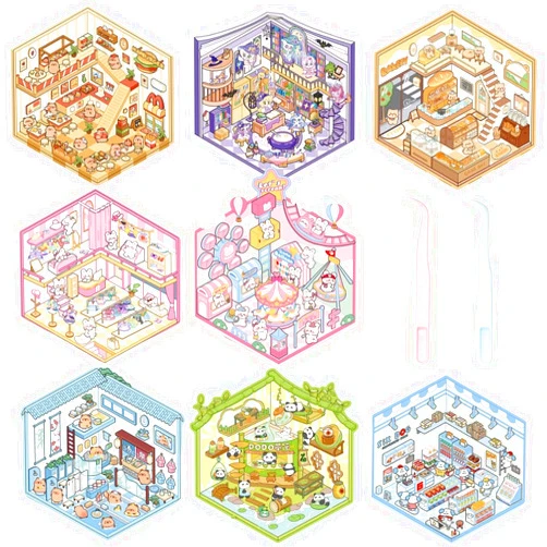 Giasy_Fortune 8 Sets DIY 3D House Stickers,3D Sticker Scene, Miniature Scene Stickers，Fun DIY Stickers Scene Rooms Book, Relief Stress Pass The Time Cute Cartoon Sticker Scenes for Adults Kids