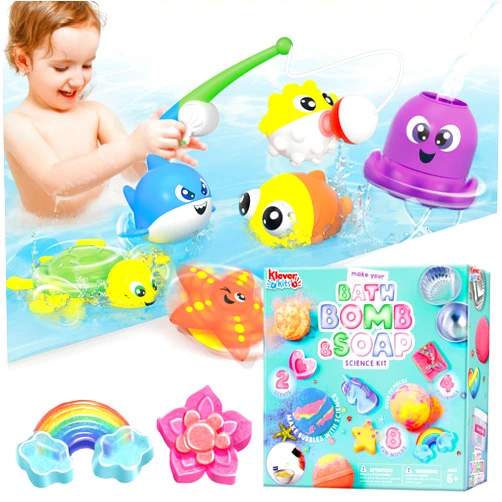 JOYIN Baby Bath Toy Set and Klever Kits Bath Bomb, Soap Making Kit for Kids, Magnetic Fishing Toy with Fishing Rod, 2-in-1 Spa Science Kits, DIY Make Your Own Bath Bombs & Soap