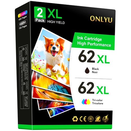 ONLYU Remanufactured for HP Ink 62 XL Cartridge Replacement for HP 62XL Ink Cartridge Combo Pack Works with Envy 7640 5660 5540 5640 7645 OfficeJet 5740 5745 250 200 Printer (1 Black, 1 Tri-Color)