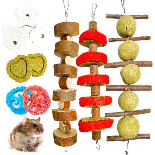 Kunze Land Rabbit Toys, 10 Pcs Apple Sticks Timothy Hay Sticks Guinea Pig Toys, Loofah Grass Cakes Balls String Rabbit Chew Toys, Improve Rodent Dental Health, Good for Intestinal