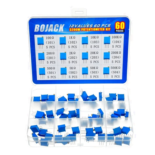 BOJACK 12 Values 60 pcs Variable Resistor 100 to 500K ohm 3296W Multiturn Trimmer Potentiometer Assortment Kit