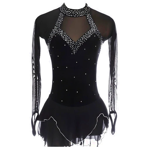 XDZSRT Kids Girl's Mesh Splice Long Sleeves Round Collar Double Hem Figure Ice Skating Dress,Black,S