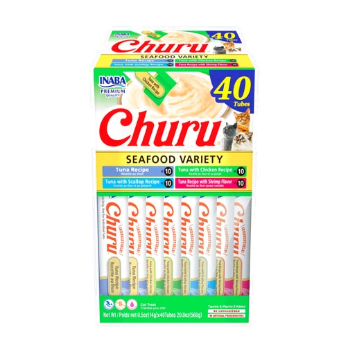 INABA Churu Cat Treats, Grain-Free, Lickable, Squeezable Creamy Purée Cat Treat/Topper with Vitamin E & Taurine, 0.5 Ounces Each, 40 Tubes, Tuna & Seafood Variety Box
