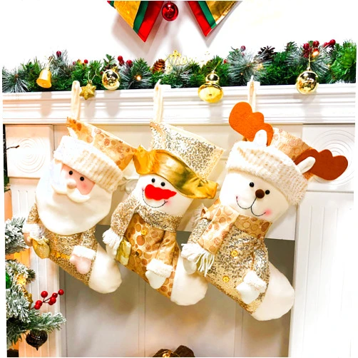 Cuteoy 3Pcs Golden Christmas Stockings Set of 3 Santa, Snowman, Reindeer, Xmas Character 3D Plush with Scarf Christmas Decorations and Party Accessory, 20''