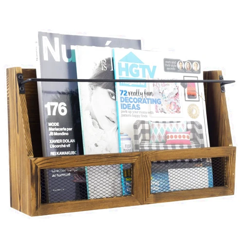 MyGift Magazine Holder Wall Mounted Rustic Burnt Solid Wood Double Wide Rack with Matte Black Metal Bar and Chicken Wire Decoration, Book Display Storage