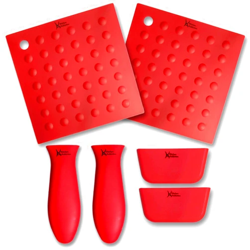 Kitchen Addiction 6 Piece Silicone Kitchen Set - Kitchen Addiction 2 Hot Handle Holder Sleeves, 2 Trivet/Potholder/Grippers, 2 Assist Handles Set (Red)