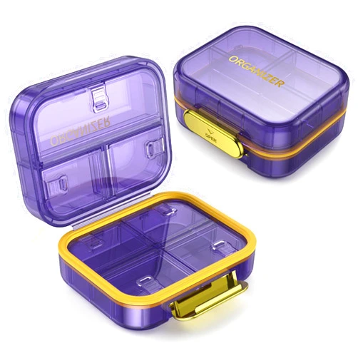 TecQach 7 Compartment Travel Pill Box, Pill Organizer Moisture Proof Mini Pill Case, Small Pill Box for Pocket Purse, Daily Portable Medicine Vitamin Box, Fish Oil Box, Supplement Box (Purple)