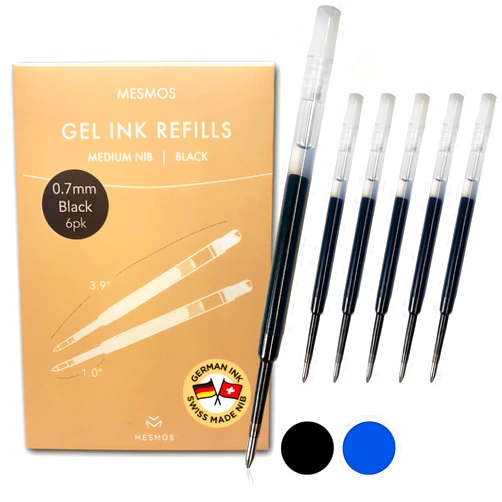MESMOS 6 Pack 0.7mm tip, 3.9 inch (9.8cm) Gel Pen Refills, German-Made Ink and Swiss-Made Nib, Compatible with Parker Pen, Replacement Ink Pen Refills, Smooth Writing