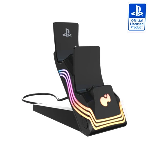 PDP Afterglow Wave LED Dual Gaming Charger for 2 PlayStation 5 DualSense Controllers, Compatible with PS5 and PS4, Customizable RGB Lighting Effects - Black