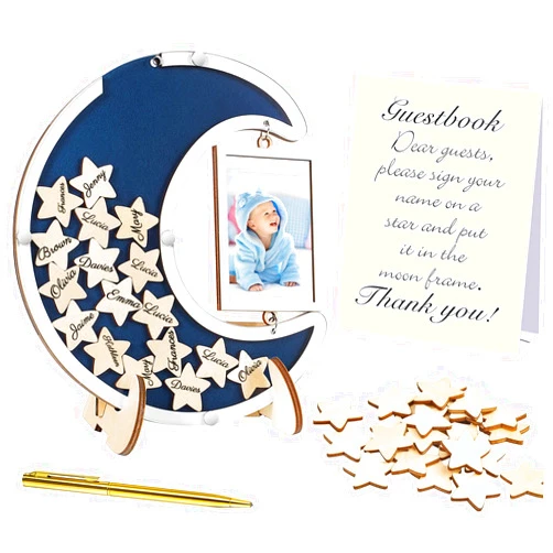 Yookeer Moon Guest Book with Wood Star Cutouts Baby Shower Guest Book Alternative Guest Books with Photo Frame for Baby Shower Wedding Boys Girls Birthday Parties Keepsake (Navy Blue,Medium)