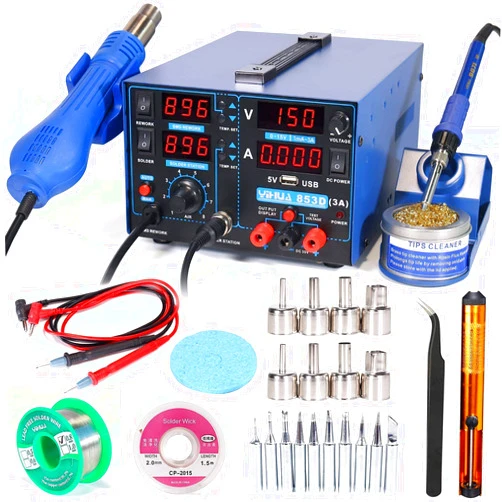 YIHUA 853D 3A USB Professional Soldering Rework and Power Supply Station bundle with #2300 Hot Air Nozzles with Iron holder, Soldering Cleaning Kit and Accessories (28 Items)