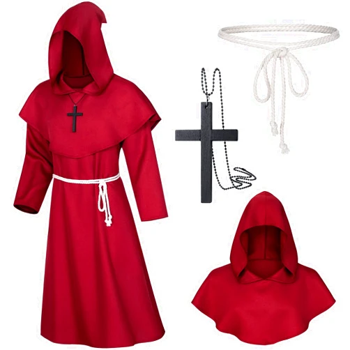 TOKYO REVENGERS Medieval Renaissance Monk Friar Priest Wizard Cloak Hooded Robe Cosplay Belt Necklace Set