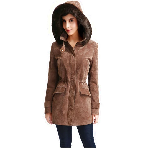 BGSD Women Chloe Suede Leather Hooded Parka Coat (Also available in Plus Size & Petite)