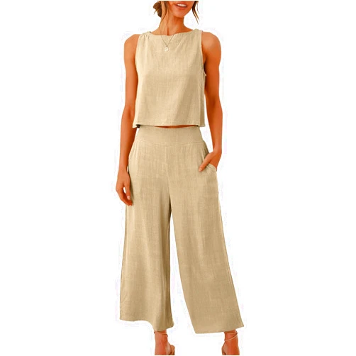 ANRABESS Women's Summer 2 Piece Outfits Sleeveless Crop Top Capri Wide Leg Pants Jumpsuit Linen Lounge Beach Travel Sets