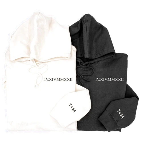 Givesmiles Roman Numeral Date Custom Sweatshirts for Couples, Personalized Wedding or Anniversary Date, Custom Initials on Sleeves, Valentine's Day Matching Crewneck, His and Hers Special Day Gift, Christmas