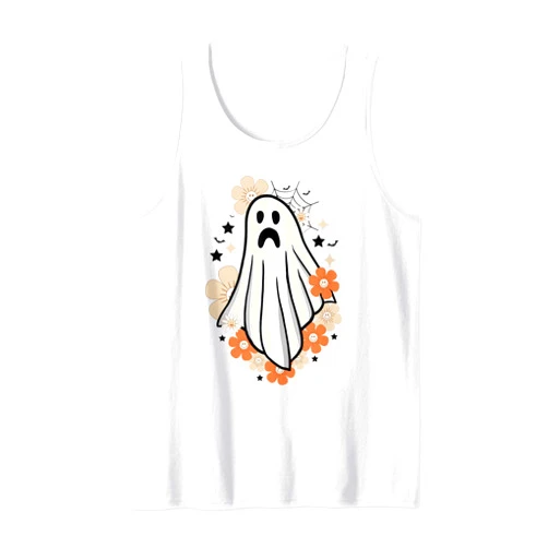 Spooky Season 60s 70s Vintage Halloween Gifts Vintage Cute Floral Ghost Halloween Pumpkin Costume Funny Tank Top