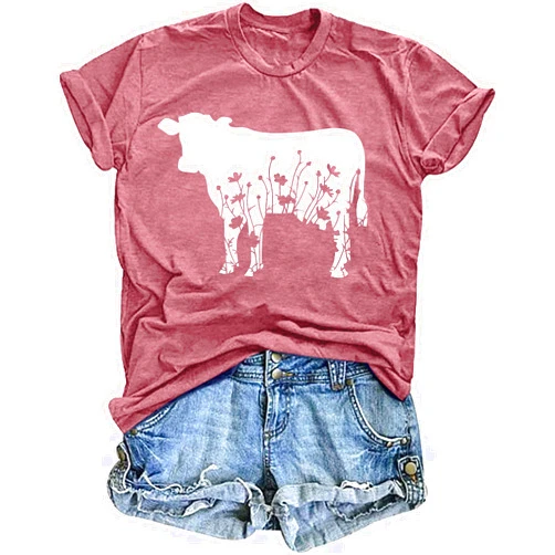 VVNTY Cow Shirts Women Cattle Cowgirl T-Shirt Funny Animal Graphic Tee Vintage Western T Shirt Farm Life Tops