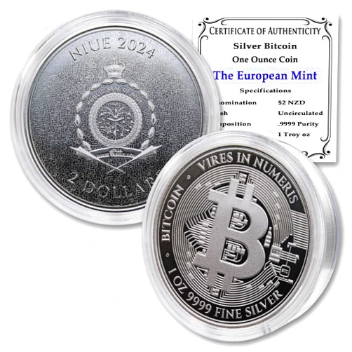 MINT STATE GOLD 2024-1 oz Niue Silver Bitcoin Coin Brilliant Uncirculated (in Capsule) with Certificate of Authenticity $2 Seller BU