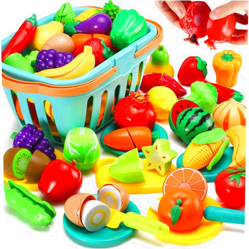 LESUTER TOYS 70 PCS Cutting Play Food Toy for Kids Kitchen, Pretend Fruit &Vegetables Accessories with Shopping Storage Basket, Plastic Mini Dishes and Knife, Educational Toy for Toddler Children Birthday Gift