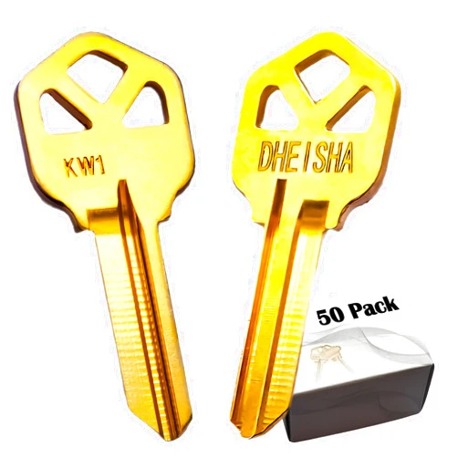 DHEISHA KW1 Key Blanks - Brass Finish - Pack of 50 KW1 Uncut Blank Keys for Free Customization by Locksmiths or Individual